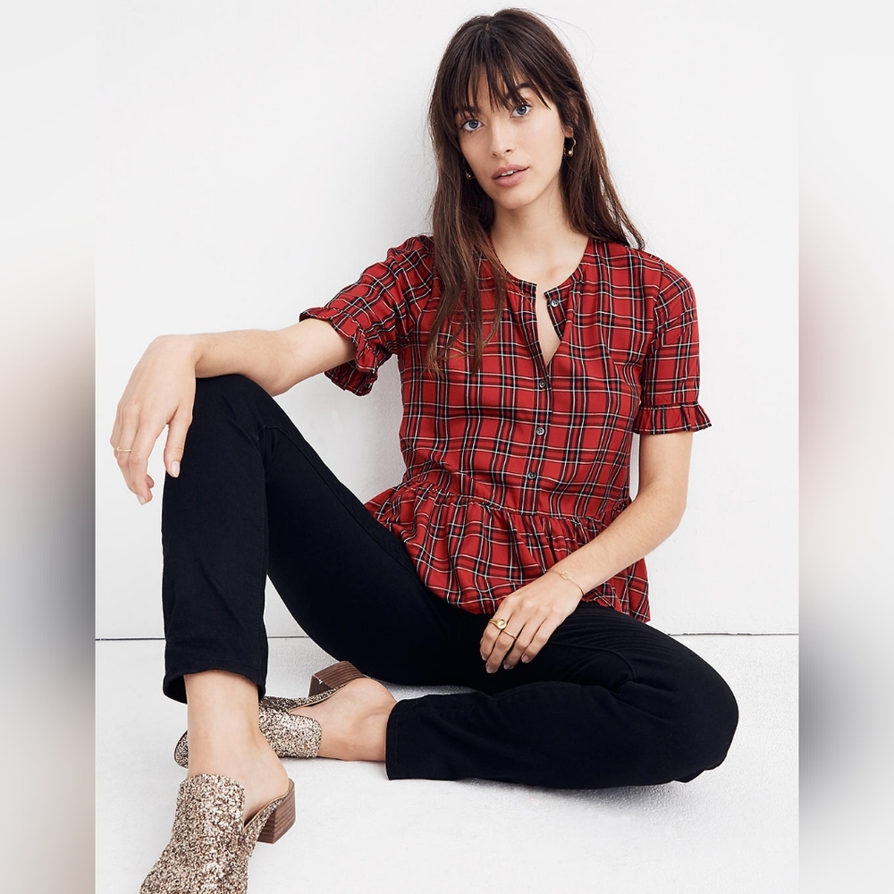 Madewell studio ruffle peplum top in Clanton plaid red xs